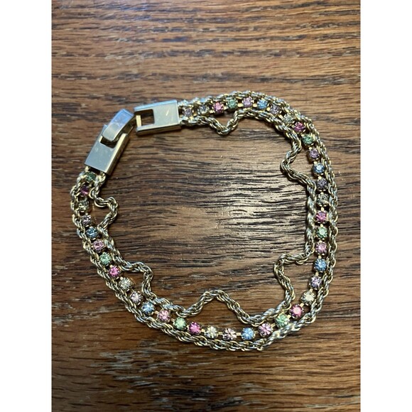 Jewelry - Vintage Double Chain Tennis Bracelet Multicolor Rhinestones Gold Tone